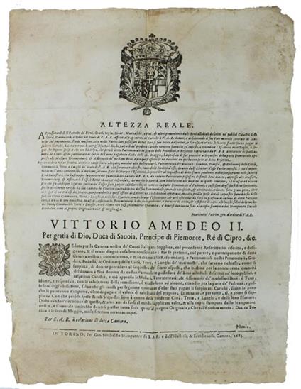 Veduta Per La Camera Nostra Dè Conti L'Alligata Supplica, Col Precedente Rescritto Iui Riferito… Dat' In Torino Li Sedeci Di Maggio 1685. [Documento Originale] - Vittorio Amedeo II - copertina