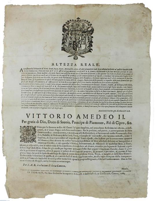 Veduta Per La Camera Nostra Dè Conti L'Alligata Supplica, Col Precedente Rescritto Iui Riferito… Dat' In Torino Li Sedeci Di Maggio 1685. [Documento Originale] - Vittorio Amedeo II - copertina