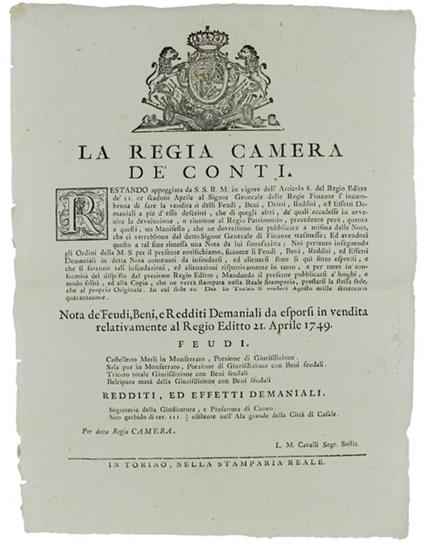 Restando Appoggiata Da S.S.R.M. In Vigore Dell'Articolo 8 Del Regio Editto Dè21. Or Scaduto Aprile Al Signor Generale Delle Regie Finanze L'Incumbenza Di Fare - copertina