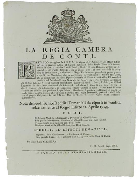 Restando Appoggiata Da S.S.R.M. In Vigore Dell'Articolo 8 Del Regio Editto Dè21. Or Scaduto Aprile Al Signor Generale Delle Regie Finanze L'Incumbenza Di Fare - copertina
