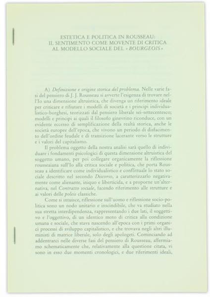Estetica E Politica In Rousseau: Il Sentimento Come Movente Di Critica Al Modello Sociale Del "Bourgeois" - Renato Pallavidini - copertina