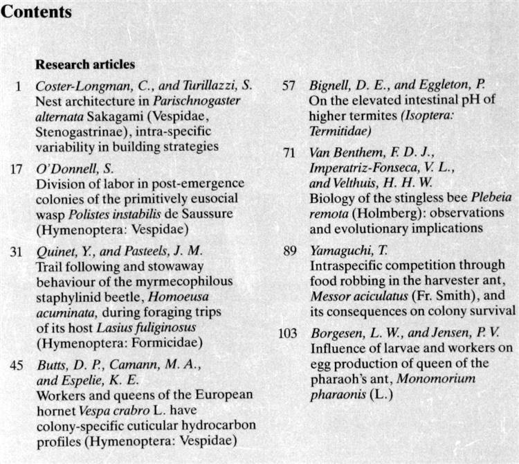 Insectes Sociaux. International Journal For The Study Of Social Arthropods. Vol. 41 No. 2 & 4. Vol. 42 No. 1