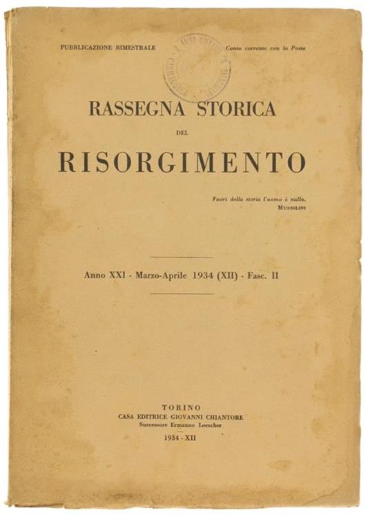 Rassegna Storica Del Risorgimento. Anno Xxi. Marzo-Aprile 1934. Fasc. Ii - copertina