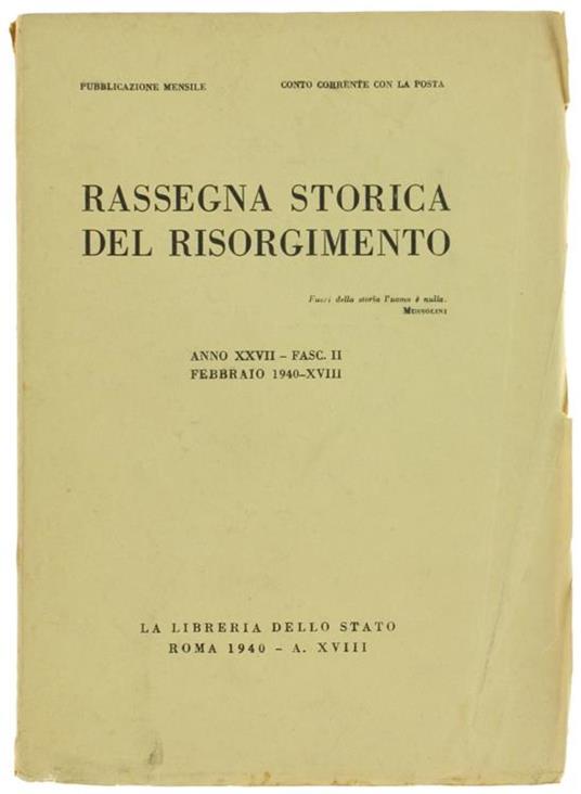 Rassegna Storica Del Risorgimento. Anno Xxvii. Fasc.Ii: Febbraio 1940-Xviii - copertina