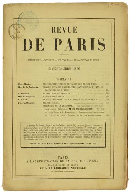 Revue De Paris. 5E Année. 15 Septembre 1856 (Edition Originale) - copertina