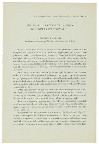 Per Un Più Razionale Impiego Dei Preparati Digitalici. Estratto Dalla Rivista "Omnia Therapeutica", Vol.Ii, Fasc.1 - AMassimo Michelazzi - copertina