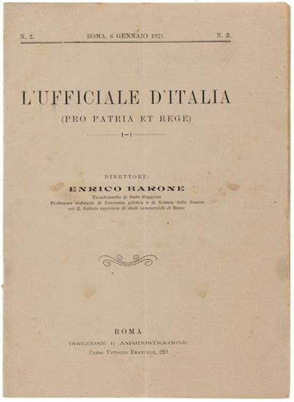 L' Ufficiale D'Italia (Pro Patria Et Rege). N. 2 - 6 Gennaio 1921 - Enrico Barone - copertina