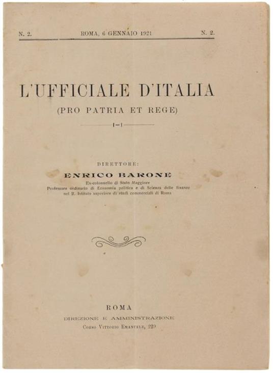L' Ufficiale D'Italia (Pro Patria Et Rege). N. 2 - 6 Gennaio 1921 - Enrico Barone - copertina