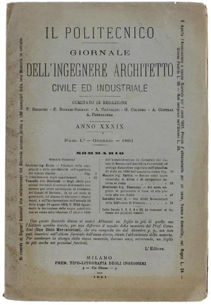 Il Politecnico. Giornale Dell'ingegnere Architetto Civile Ed Industriale. Anno Xxxix N. 1 - Gennaio 1891 - copertina