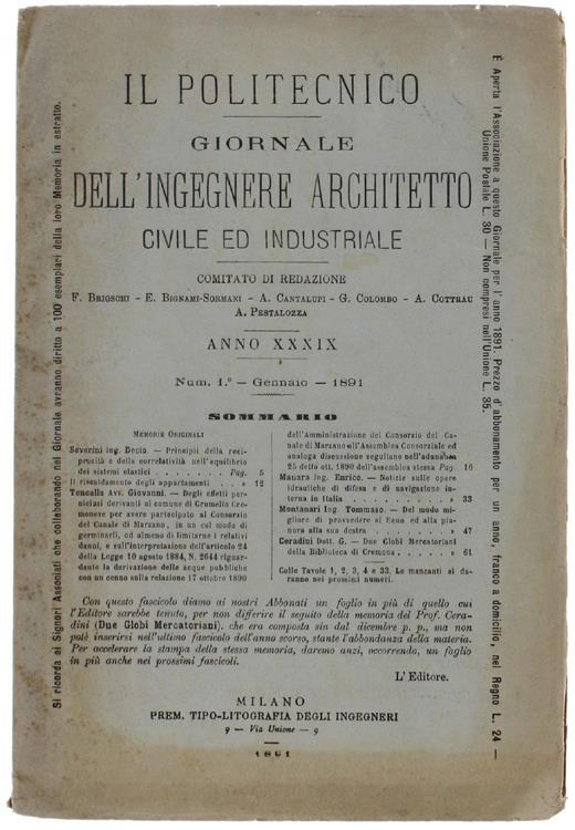 Il Politecnico. Giornale Dell'ingegnere Architetto Civile Ed Industriale. Anno Xxxix N. 1 - Gennaio 1891 - copertina