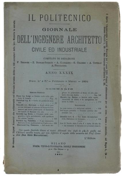 Il Politecnico. Giornale Dell'ingegnere Architetto Civile Ed Industriale. Anno Xxxix N. 2 e 3. Febbraio e Marzo 1891 - copertina