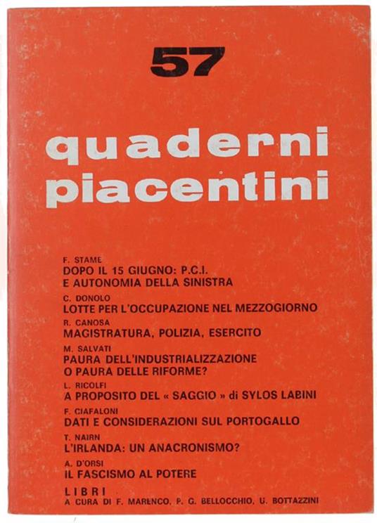 Quaderni Piacentini. N. 57 - Novembre 1975 - Piergiorgio Bellocchio - copertina