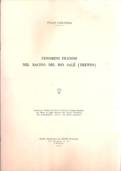 Fenomeni Franosi Nel Bacino Del Rio Salé (Trento) - Tullio Largaiolli - copertina