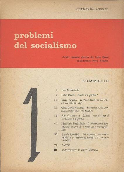 Problemi del Socialismo. Rivista mensile. 1961 Gennaio. N. 1 - copertina