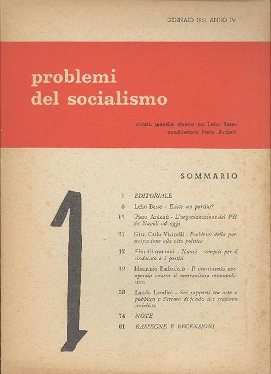 Problemi del Socialismo. Rivista mensile. 1961 Gennaio. N. 1 - copertina