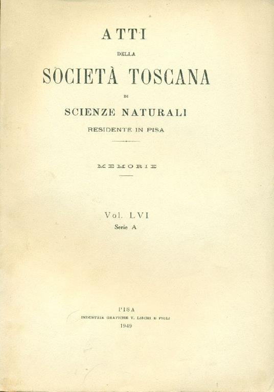 Atti della Società Toscana di Scienze Naturali residente in Pisa. Memorie. Vol. LVI. Serie A - copertina