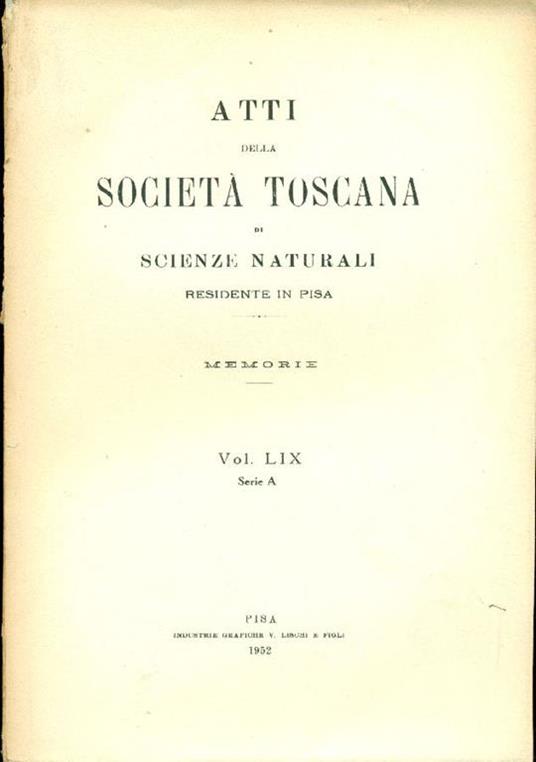 Atti della Società Toscana di Scienze Naturali residente in Pisa. Memorie. Vol. LIX. Serie A - copertina