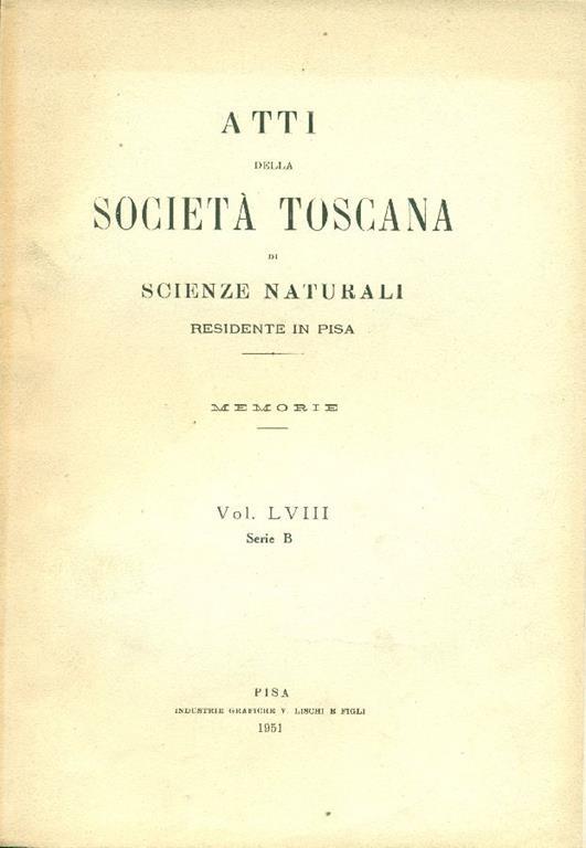 Atti della Società Toscana di Scienze Naturali residente in Pisa. Memorie. Vol. LVIII. Serie B - copertina
