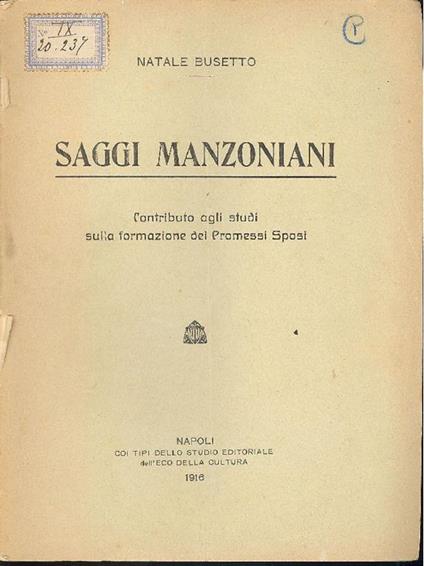 Saggi manzoniani - Natale Busetto - copertina