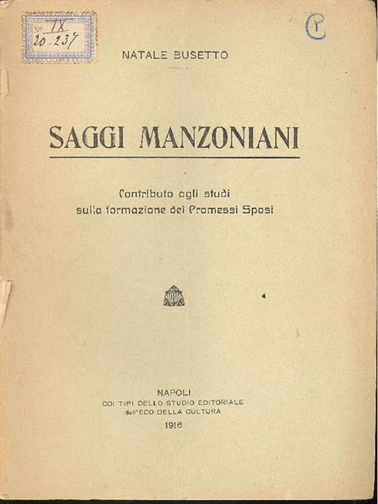 Saggi manzoniani - Natale Busetto - copertina