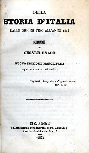Della storia d'Italia dalle origini fino all'anno 1814 - Cesare Balbo - copertina