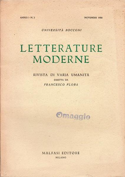 Letterature Moderne. Rivista di varia umanità diretta da Francesco Flora. Anno I. N. 3. Novembre 1950 - copertina