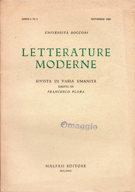 Letterature Moderne. Rivista di varia umanità diretta da Francesco Flora. Anno I. N. 3. Novembre 1950 - copertina