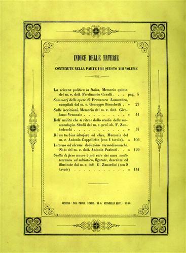 Memorie dell'I. R. Istituto Veneto di Scienze, Lettere ed Arti. Vol. XIII, Parte I. Contiene: Cavalli,Ferdinando, - copertina