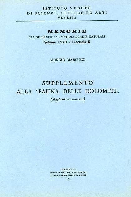 Supplemento alla "Fauna delle Dolomiti". Aggiunte e commenti - Giorgio Marcuzzi - copertina