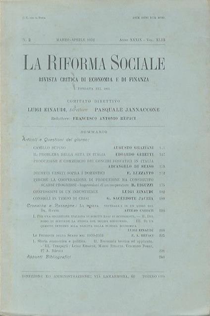 La riforma sociale: rivista critica di economia e di finanza. Anno XXXIX. Volume XLIII. N.2. Marzo-Aprile 1932 - copertina