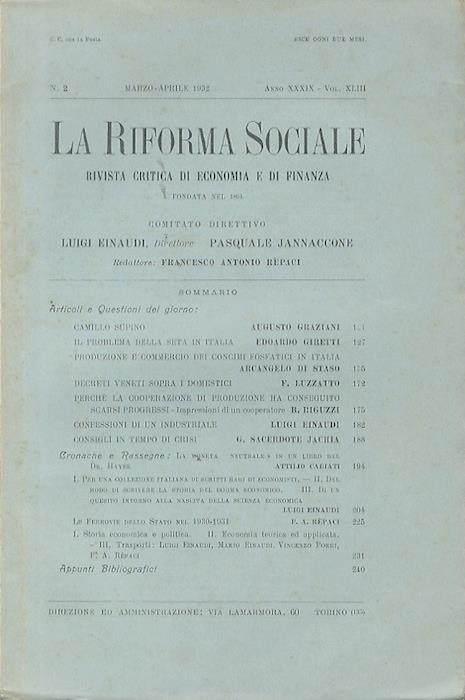 La riforma sociale: rivista critica di economia e di finanza. Anno XXXIX. Volume XLIII. N.2. Marzo-Aprile 1932 - copertina