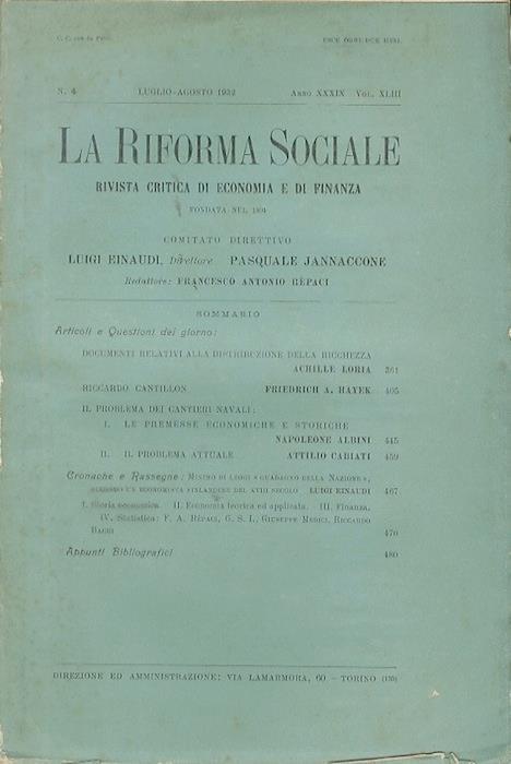 La riforma sociale: rivista critica di economia e di finanza. Anno XXXIX. Volume XLIII. N.4. Luglio-Agosto 1932 - copertina