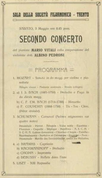 Sala della società filarmonica. Trento: sabato, 3 maggio ore 8.45 p.m.: Secondo concerto del pianista Mario Vitali colla cooperazione del violinista dott. Albino Pedroni. Programma - copertina