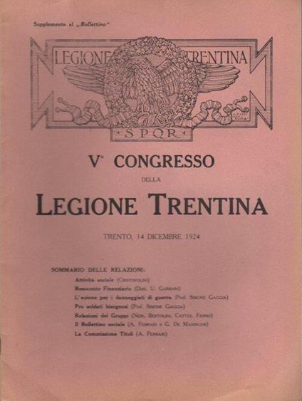 V° Congresso della legione trentina: Trento, 14 dicembre 1924. Supplemento al Bolettino - copertina