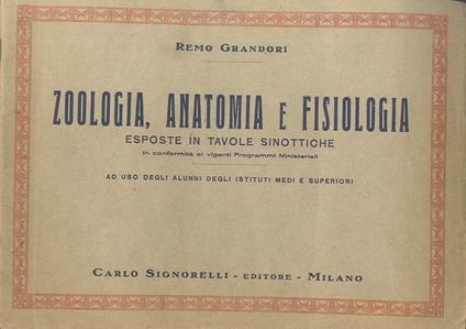 Zoologia, anatomia e fisiologia esposte in tavole sinottiche in conformità ai vigenti programmi ministeriali ad uso degli alunni degli Istituti Medi e Superiori - Francesco Grandori - copertina
