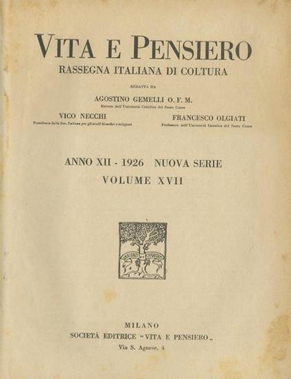 Vita e pensiero: rassegna italiana di coltura - Agostino Gemelli - copertina
