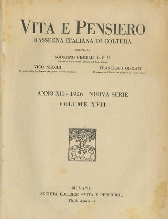 Vita e pensiero: rassegna italiana di coltura - Agostino Gemelli - copertina