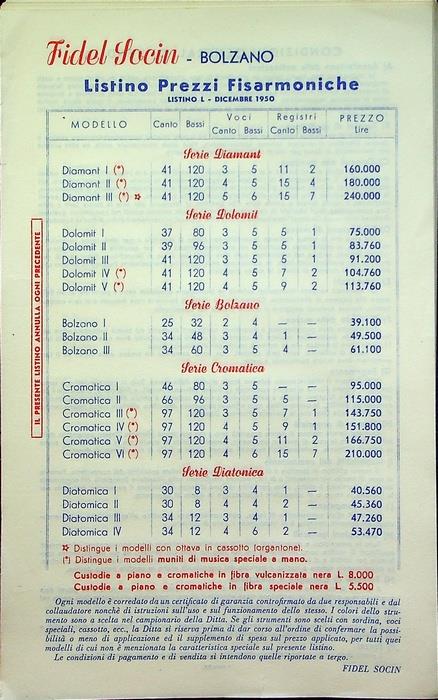 Fidel Socin: Bolzano: listino prezzi fisarmoniche: listino L: dicembre 1950
