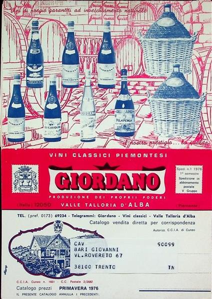 Vini classici piemontesi: Giordano: Valle Talloria d’Alba. Primavera 1976 - Vini - copertina