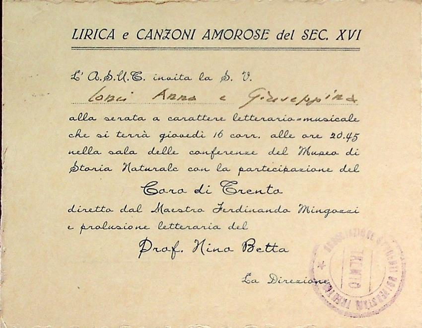 Lirica e canzoni amorose del sec. XVI. ASUT - Associazione universitaria studenti trentini