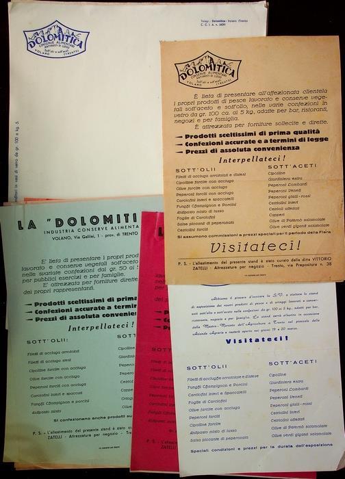 Dolomitica: conserve alimentari: antipasti di lusso: sott’olii e sott’aceti: Volano (Trento). Lotto di fogli pubblicitari di vari colori e formati e 7 fogli di carta da lettera - Conserve Alimentari - copertina