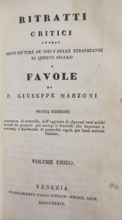 Ritratti critici ovvero Brevi pitture de’ vizi e delle stravaganze di questo secolo e favole - Giuseppe Manzoni - copertina