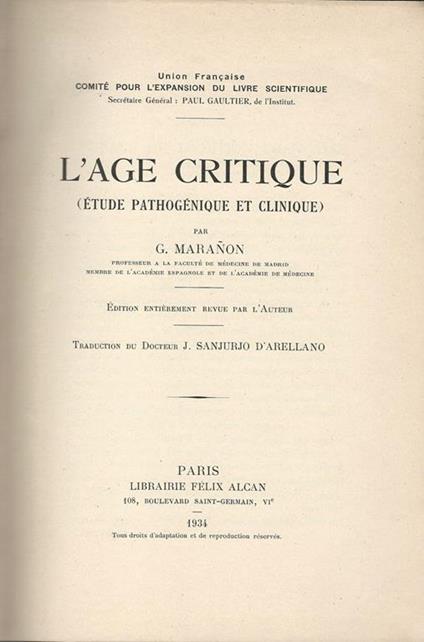 L' Age Critique. (Etude Pathogenique Et Clinique) - copertina