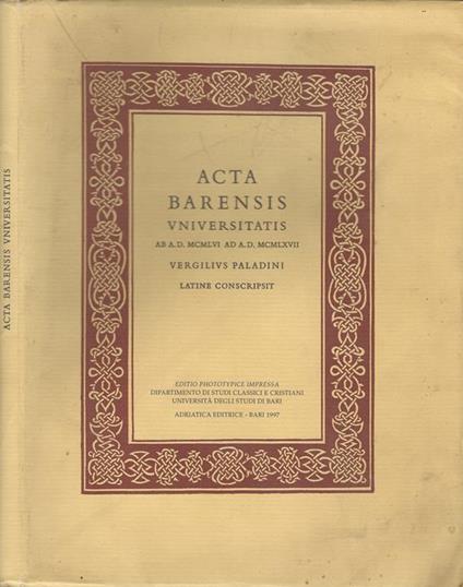 Acta Barensis Universitatis - Virgilio Paladini - copertina