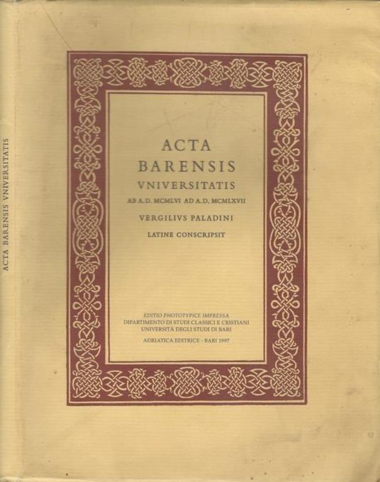 Acta Barensis Universitatis - Virgilio Paladini - copertina