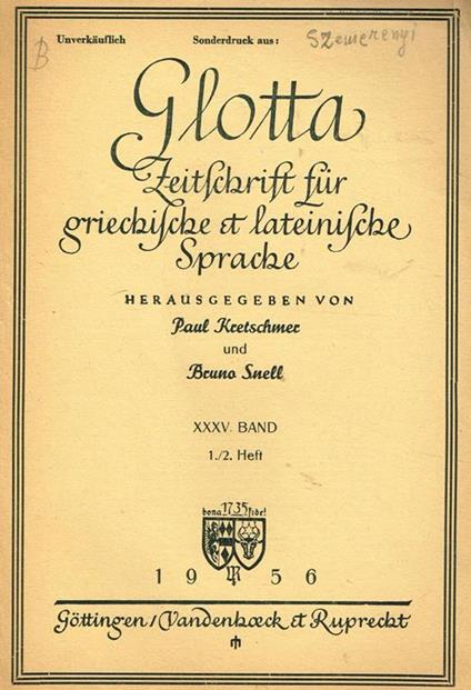Glotta Zeitschrift Fur Griechische Et Lateinische Sprache Band Xxxv Heft 1-2. Estratto - copertina