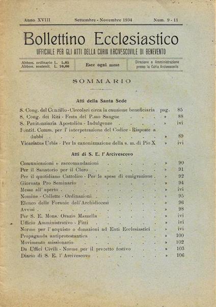 Bollettino Ecclesiastico. Ufficiale per gli Atti della Cura Arcivescovile di Benevento - copertina