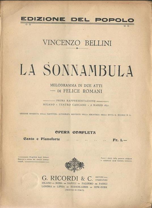 La Sonnambula. Melodramma in due atti - Vincenzo Bellini - copertina