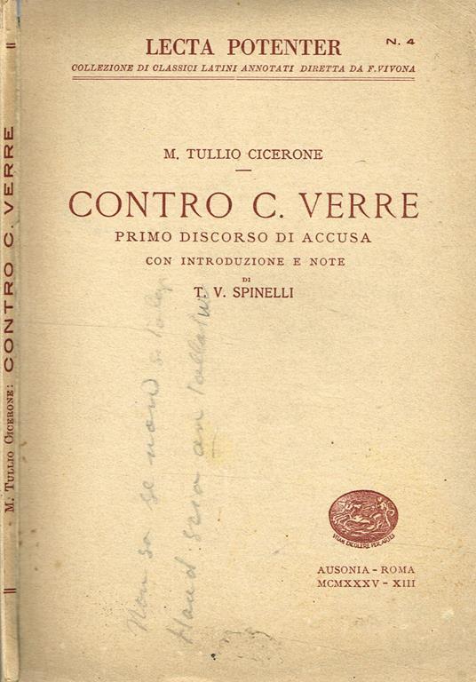 Contro C.Verre. Primo Discorso Di Accusa - M. Tullio Cicerone - copertina