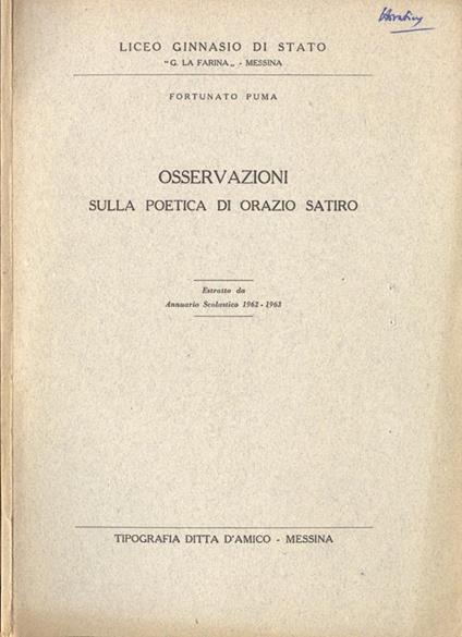 Osservazioni sulla poetica di Orazio satiro - Fortunato Puma - copertina